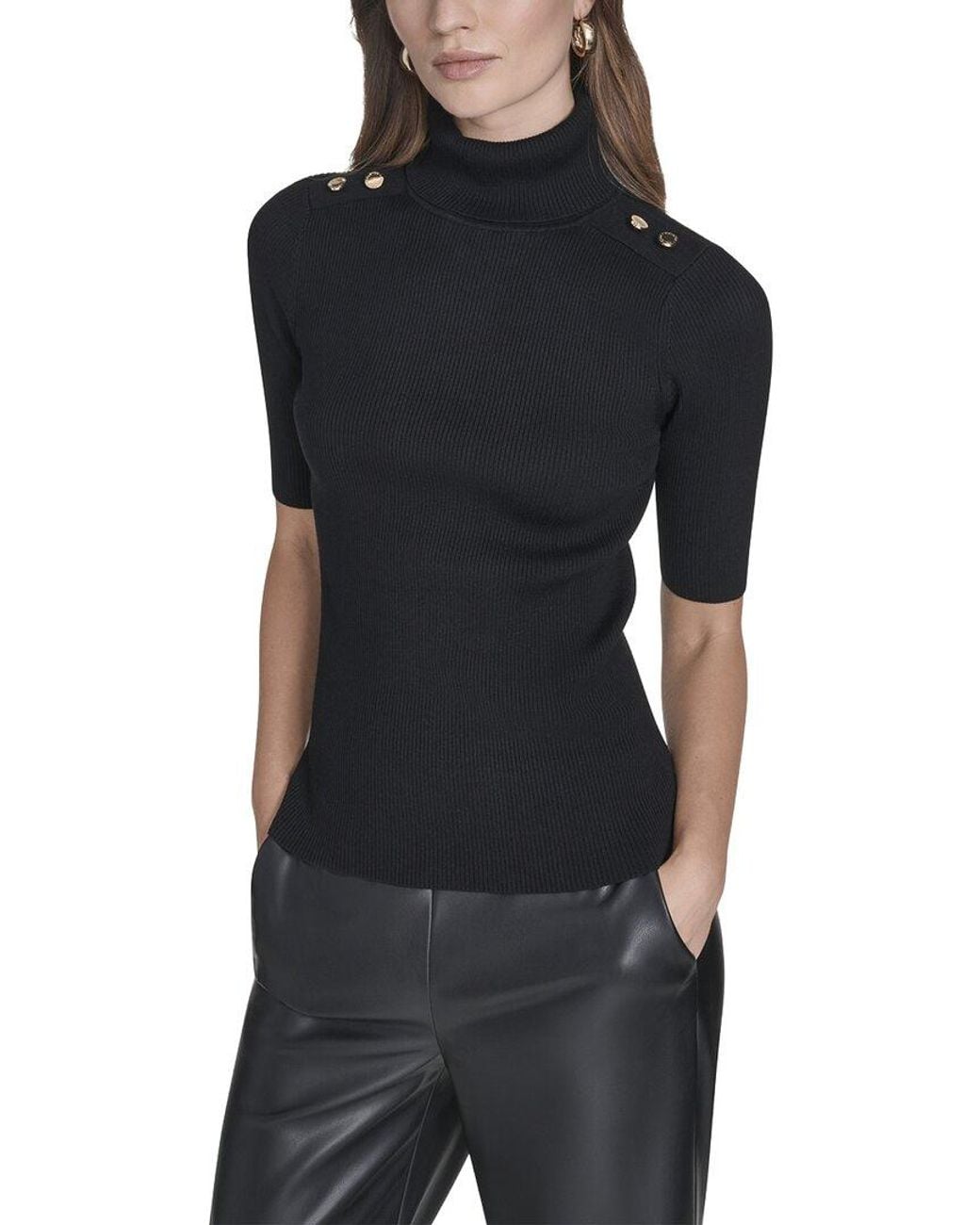Halston Heritage Black 3/4 Sleeve Ribbed Turtleneck With Button Detail