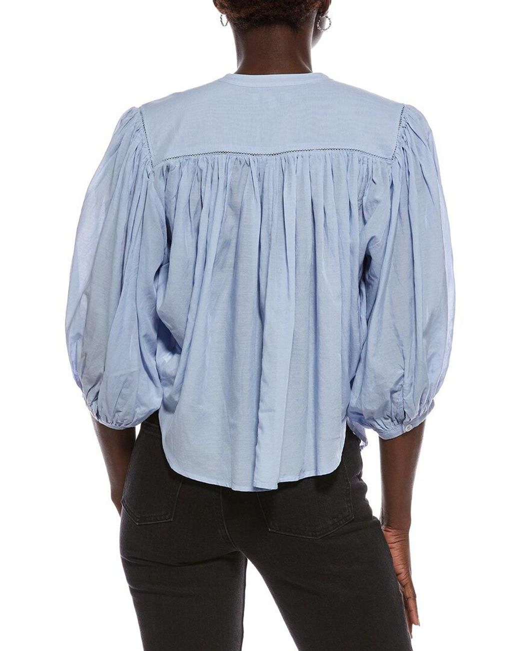Madewell Blue Shirred Crewneck Button-Up Top