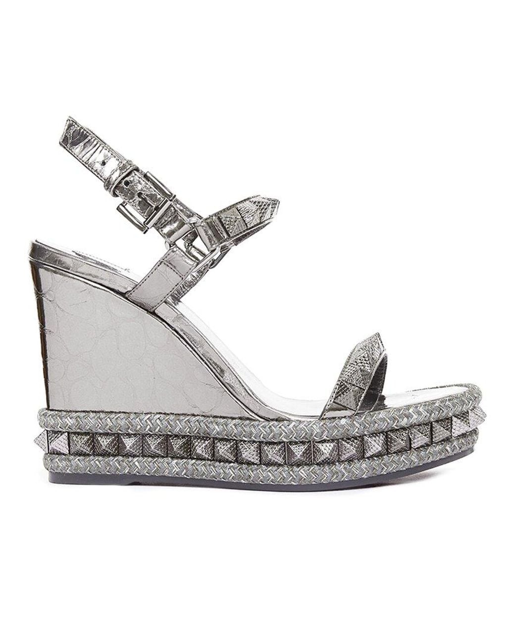 Christian Louboutin Gray Leather Pyraclou 110 Studded Espadrille Wedge (Authentic Pre-Loved)