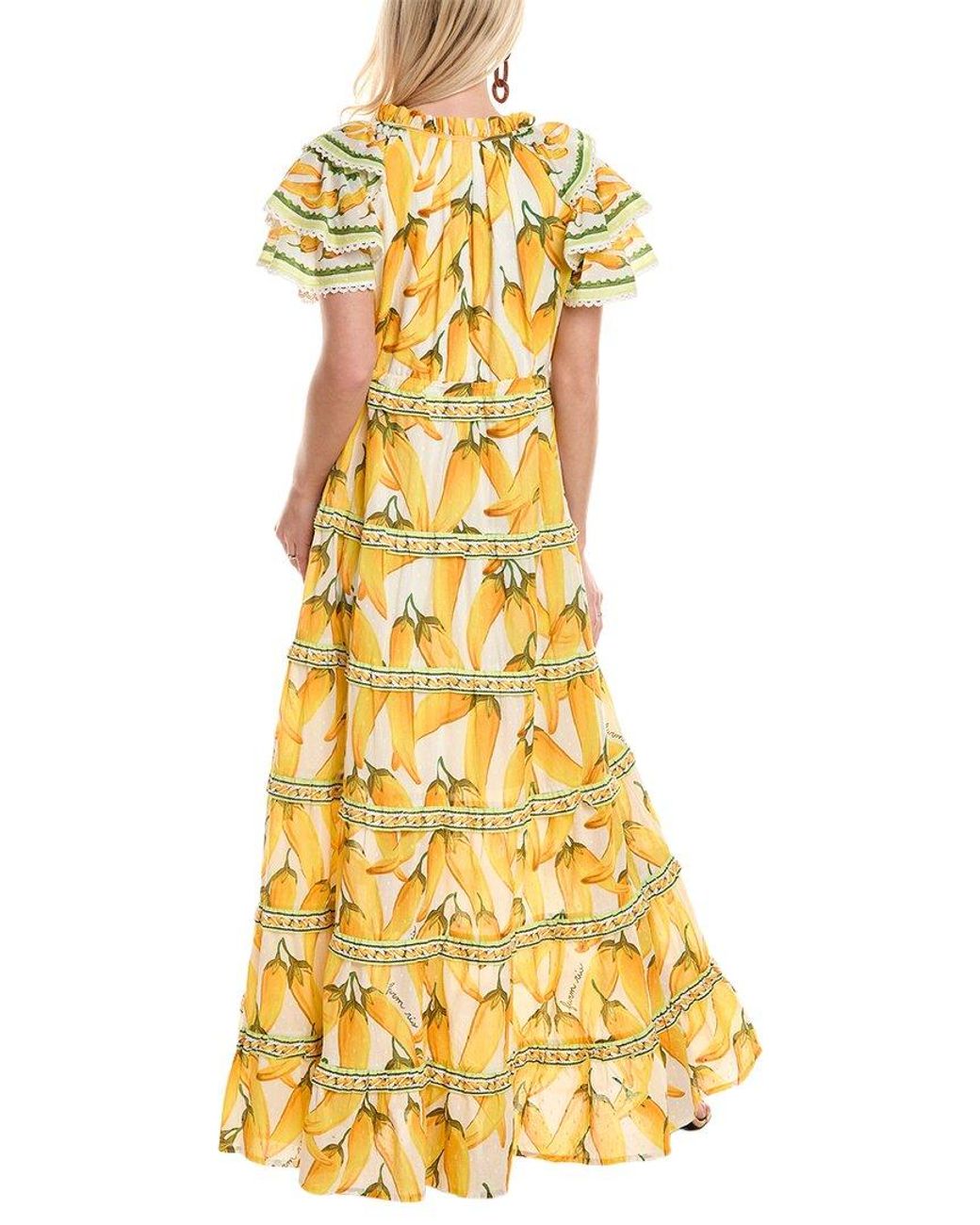 Farm Rio Yellow Swiss Dot Tiered Maxi Dress