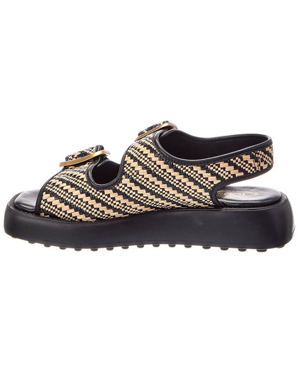 Tod's Black Double Buckle Raffia & Leather Flat Sandal
