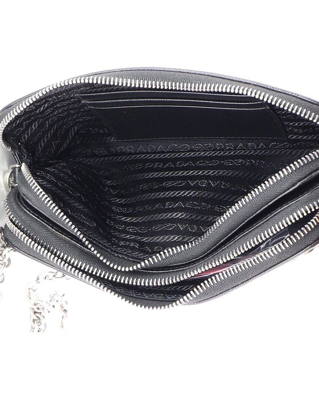 Prada White Monochrome Double Zip Wallet On Chain Crossbody Pin Embellished Saffiano (Authentic Pre-Loved)
