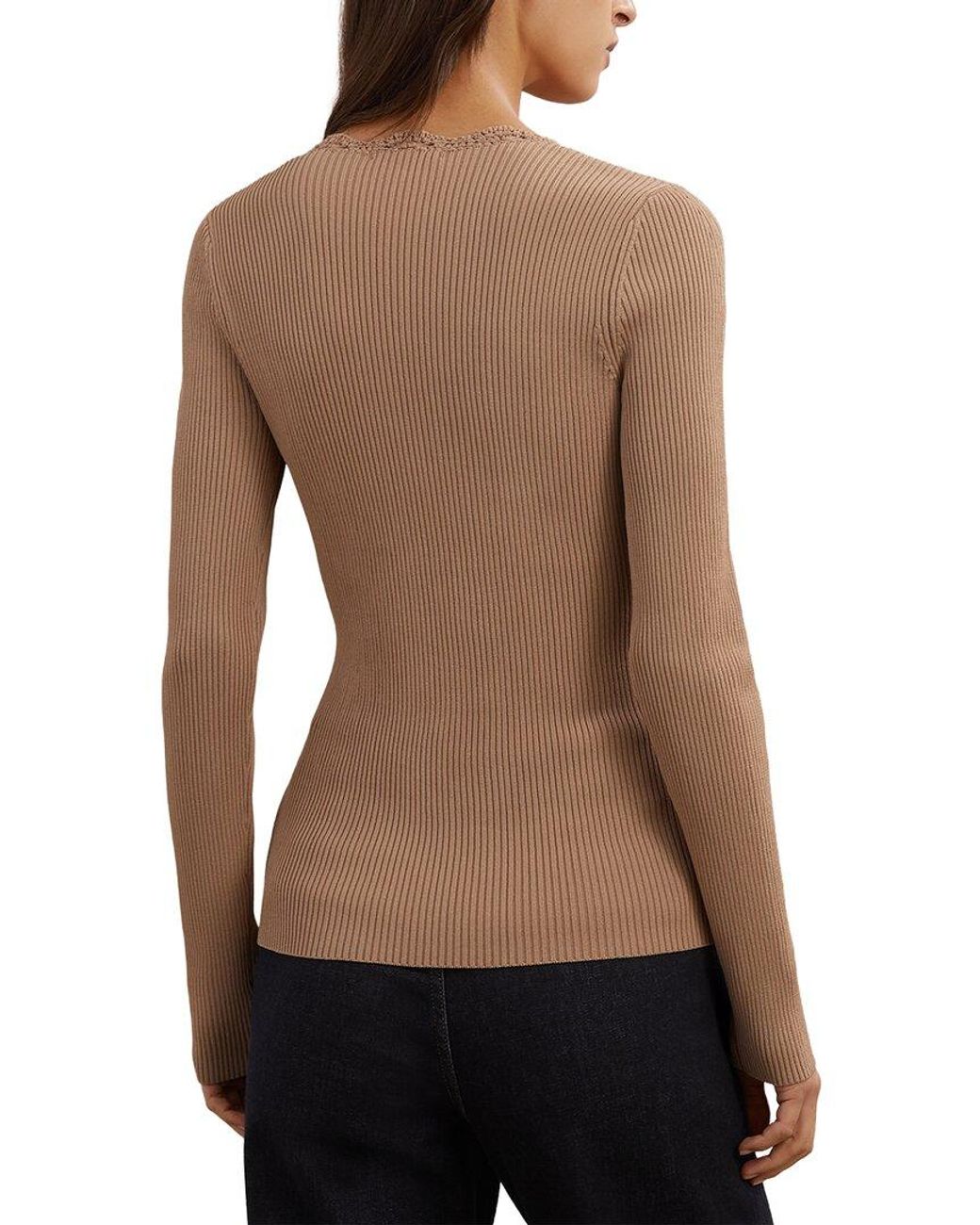 Reiss Black Lara Crochet Trim Rib Knit Top
