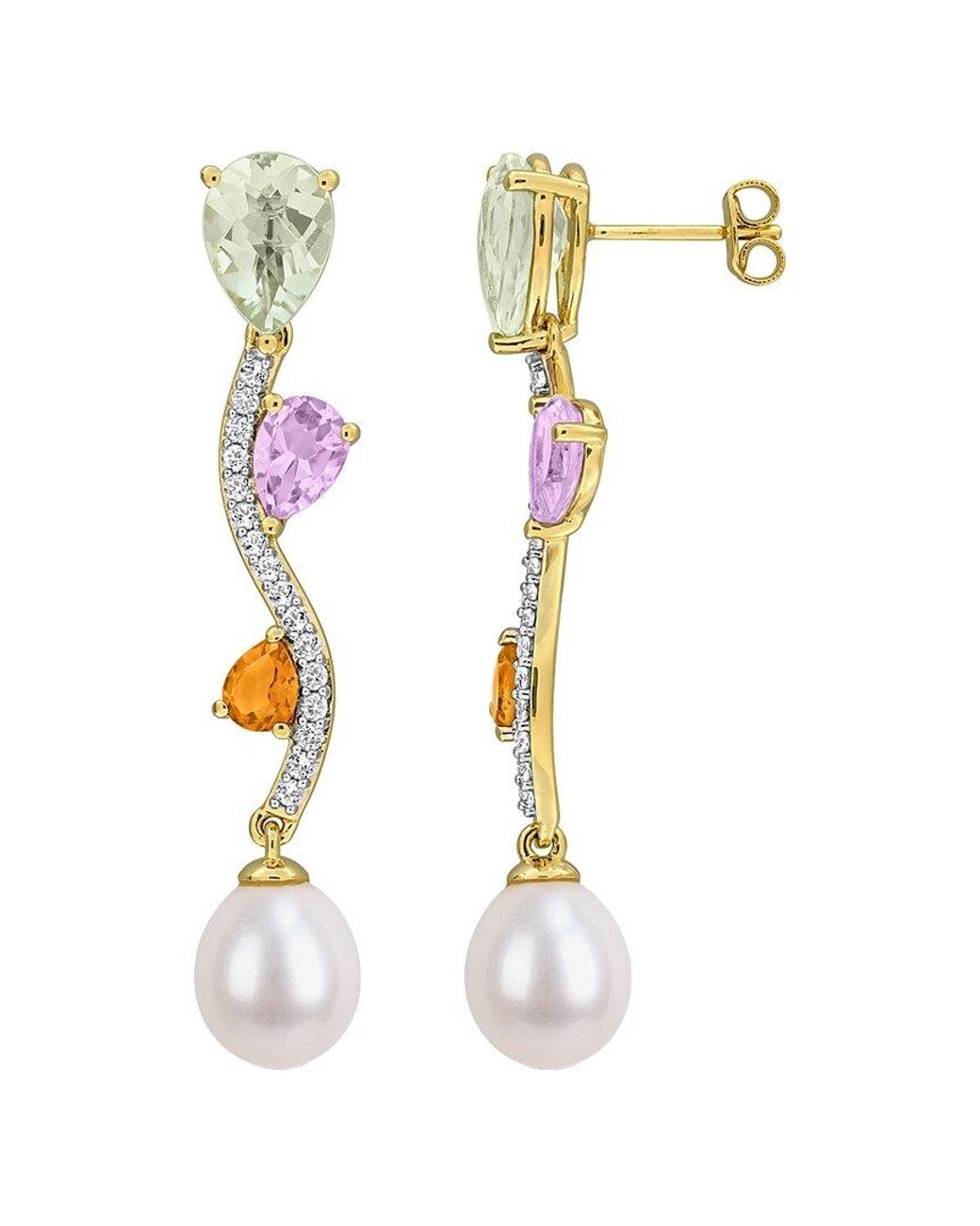 Rina Limor White Plated 6.56 Ct. Tw. Gemstone & 9-9.5Mm Pearl Earrings