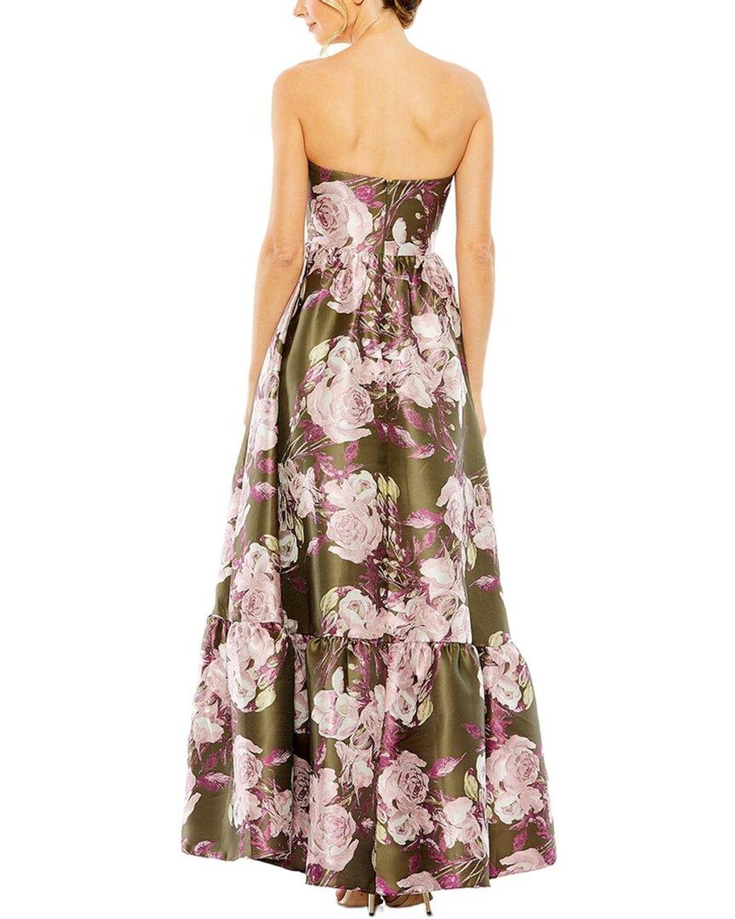 Mac Duggal Green Strapless Bottom Ruffle Floral Gown
