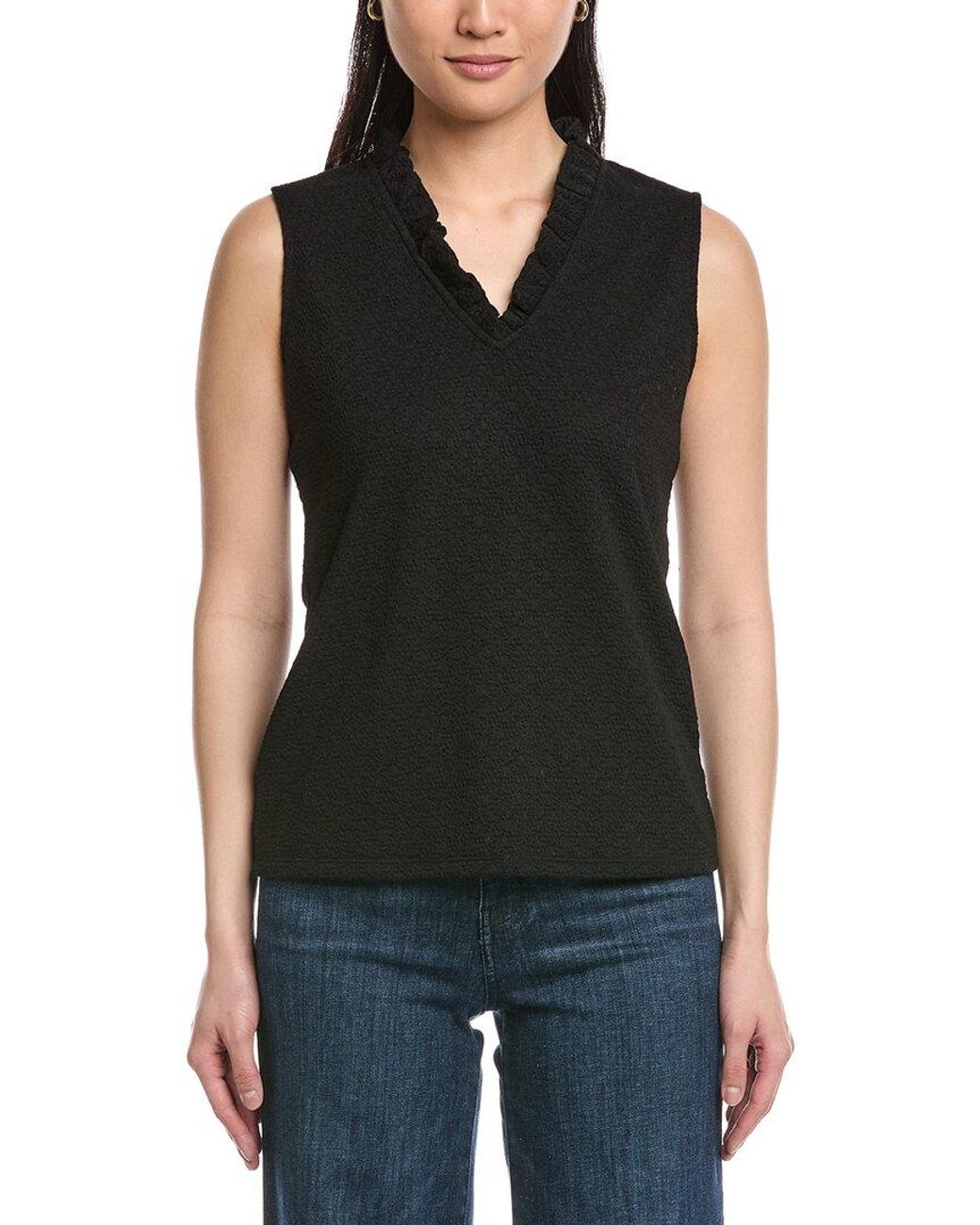 Anne Klein Black Smocked Knit Ruffle Top