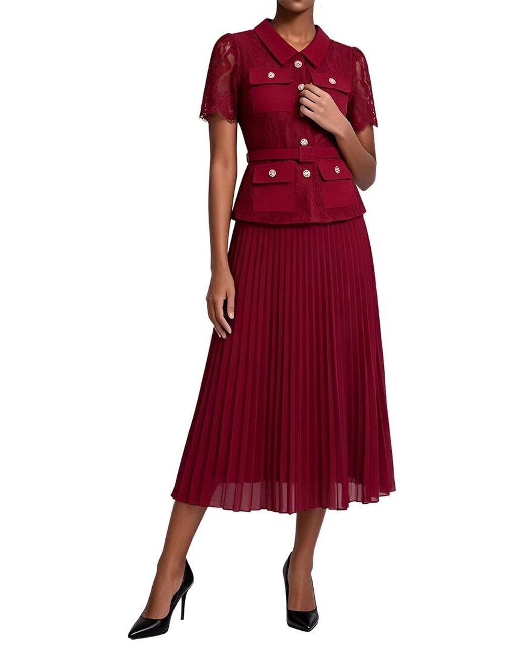 Linda Charm Red Short Sleeve Midi Dress