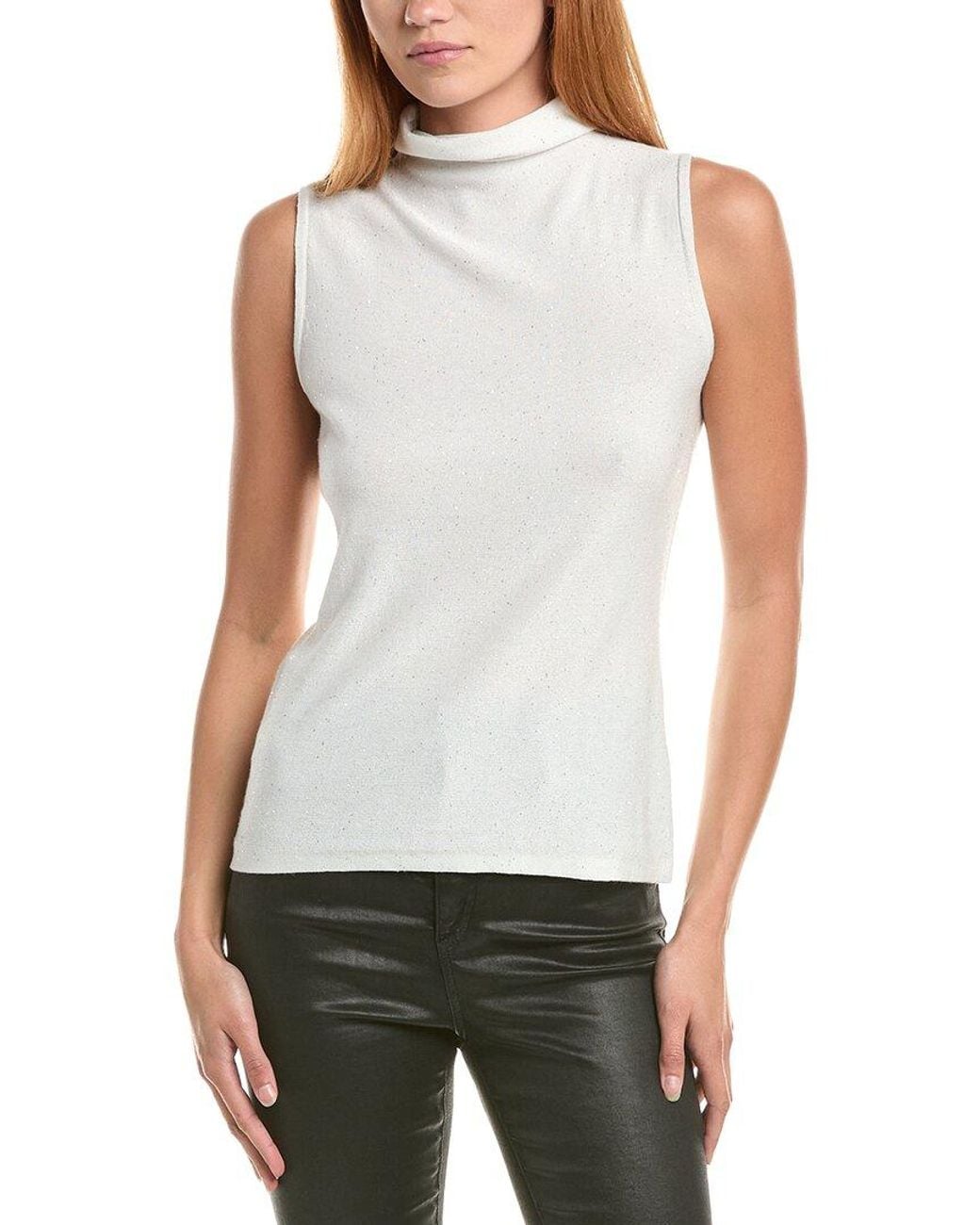Forte White Sequin Sleeveless Funnel Neck Cashmere-Blend Sweater