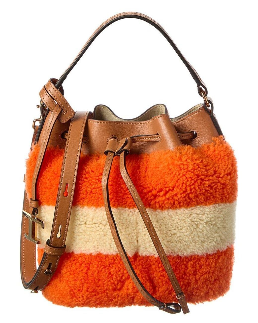 Tod's Orange Logo Fleece & Leather Bucket Bag
