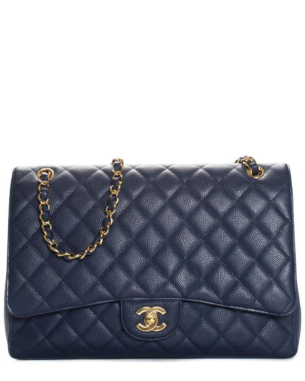 Chanel Navy Blue Quilted Patent Leather Maxi Single Flap Bag with, Lot  #58232