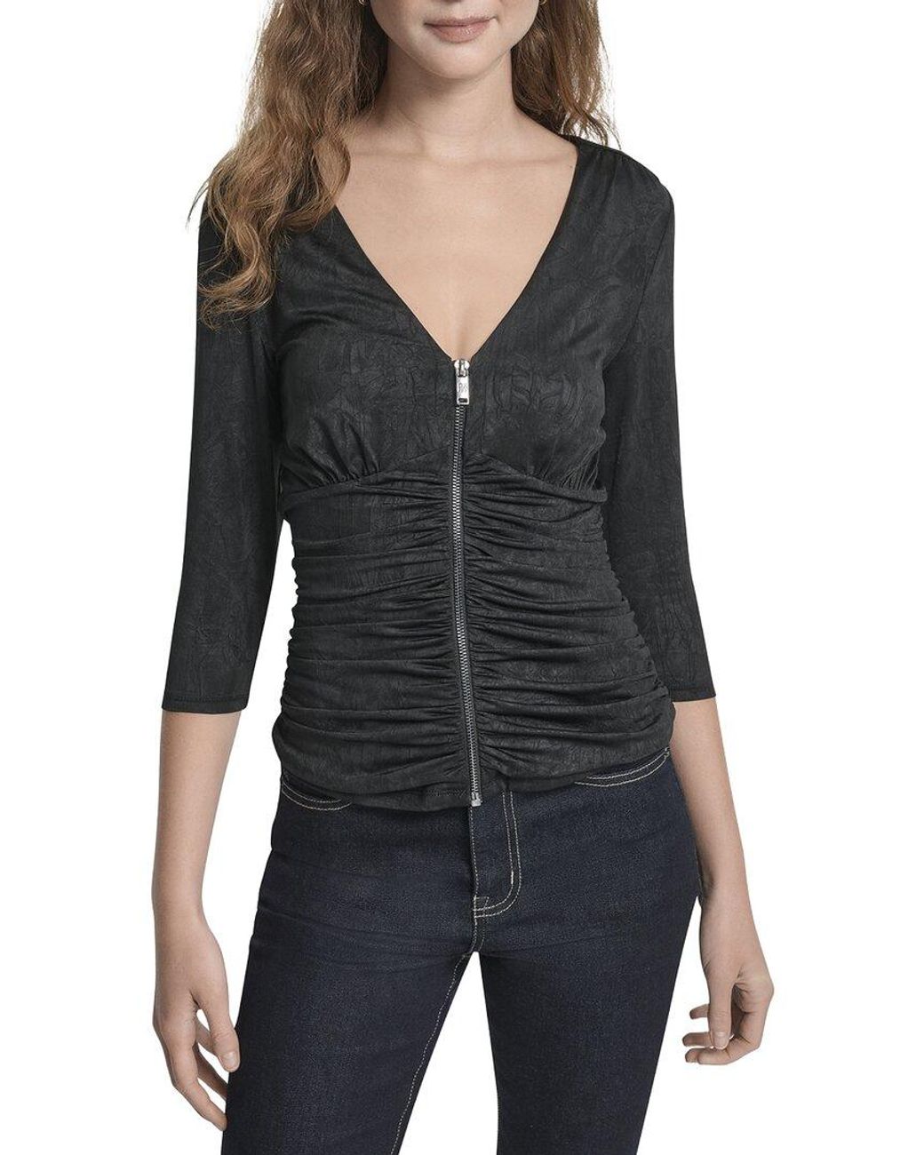 DKNY Black 3/4 Sleeve Zip Front Top
