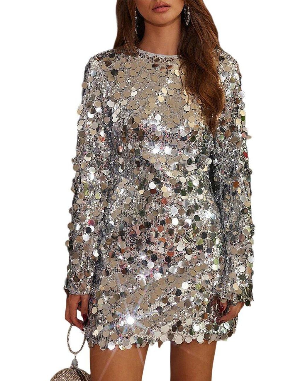 AMINA GLAM Gray Long Sleeve Mini Dress