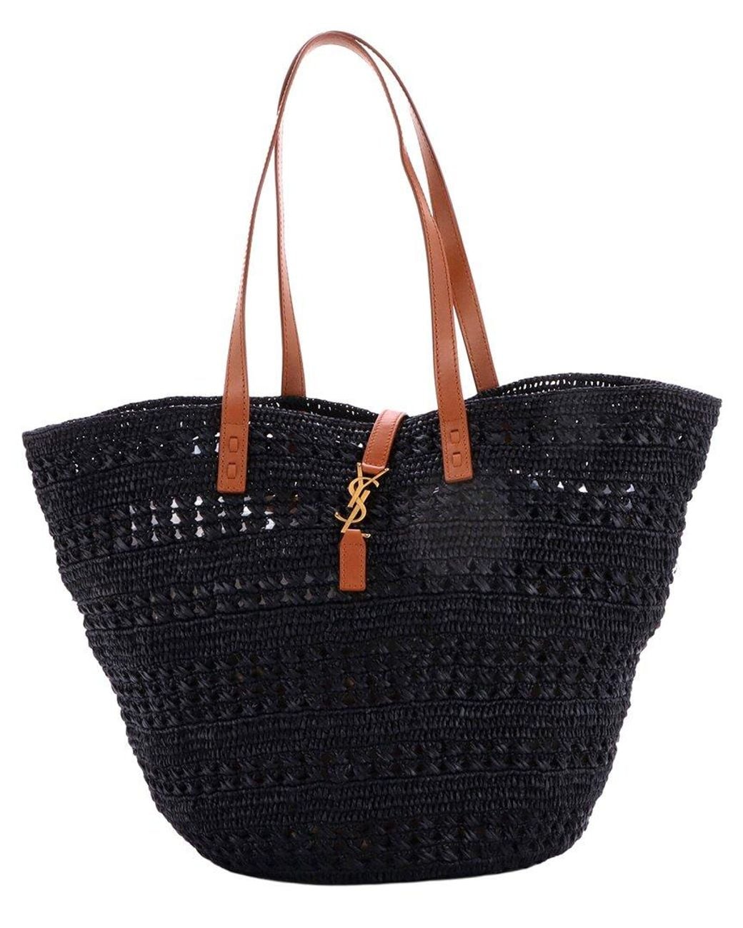 Saint Laurent Black Woven Raffia Monogram Panier Basket Tote Medium (Authentic Pre-Loved)