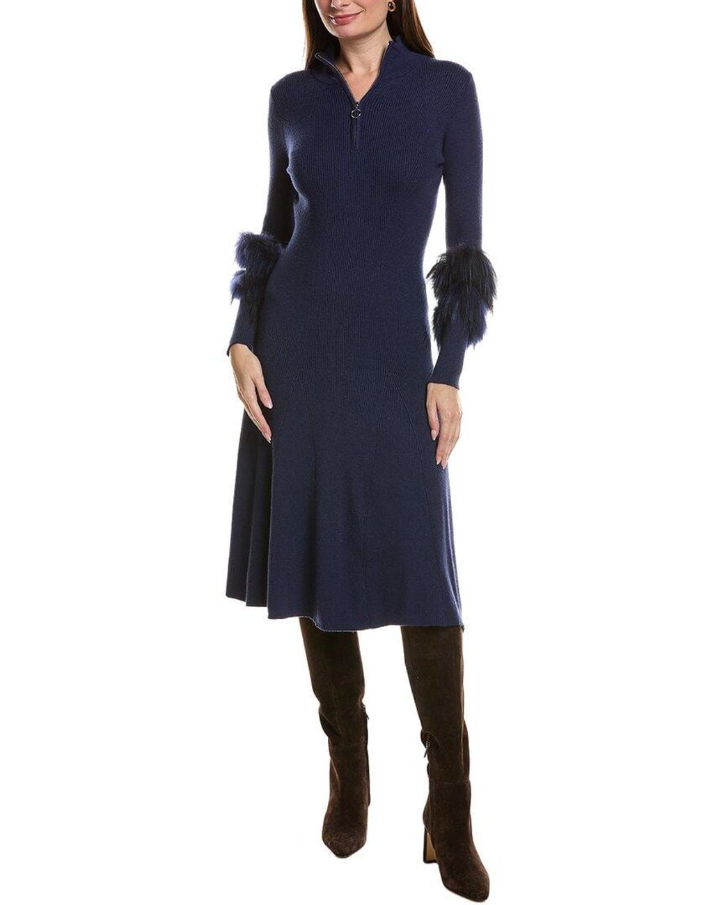 tyler boe Blue Celia Knit Fur Trim Dress