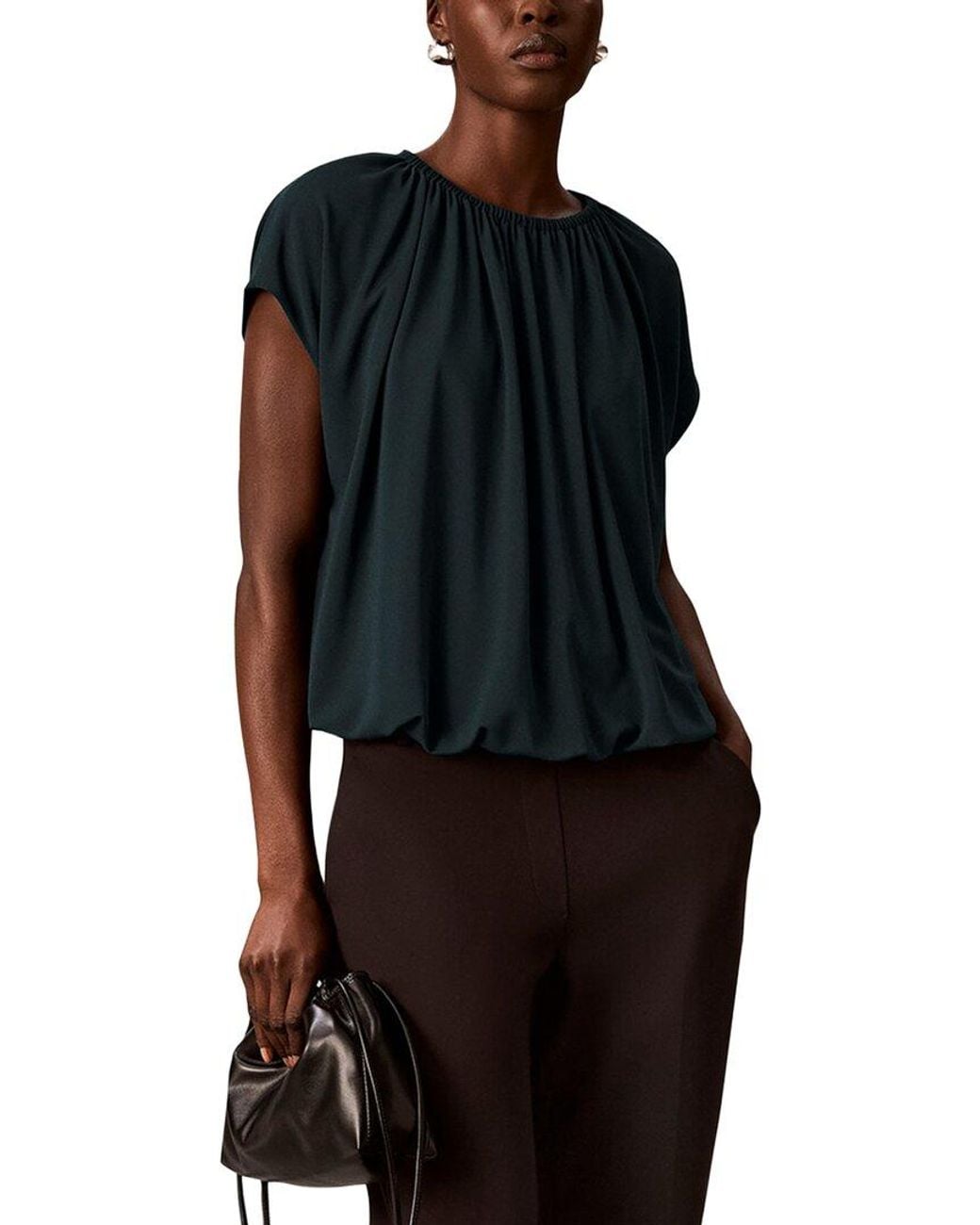 Calvin Klein Black Ext Shoulder Shirred Neck Top