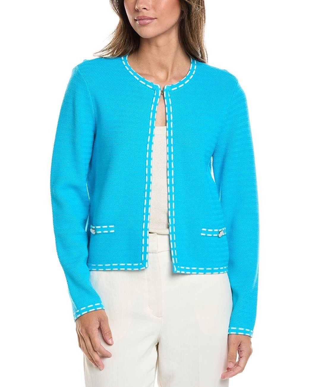 St. John Blue Ticking Trim Crew Jacket