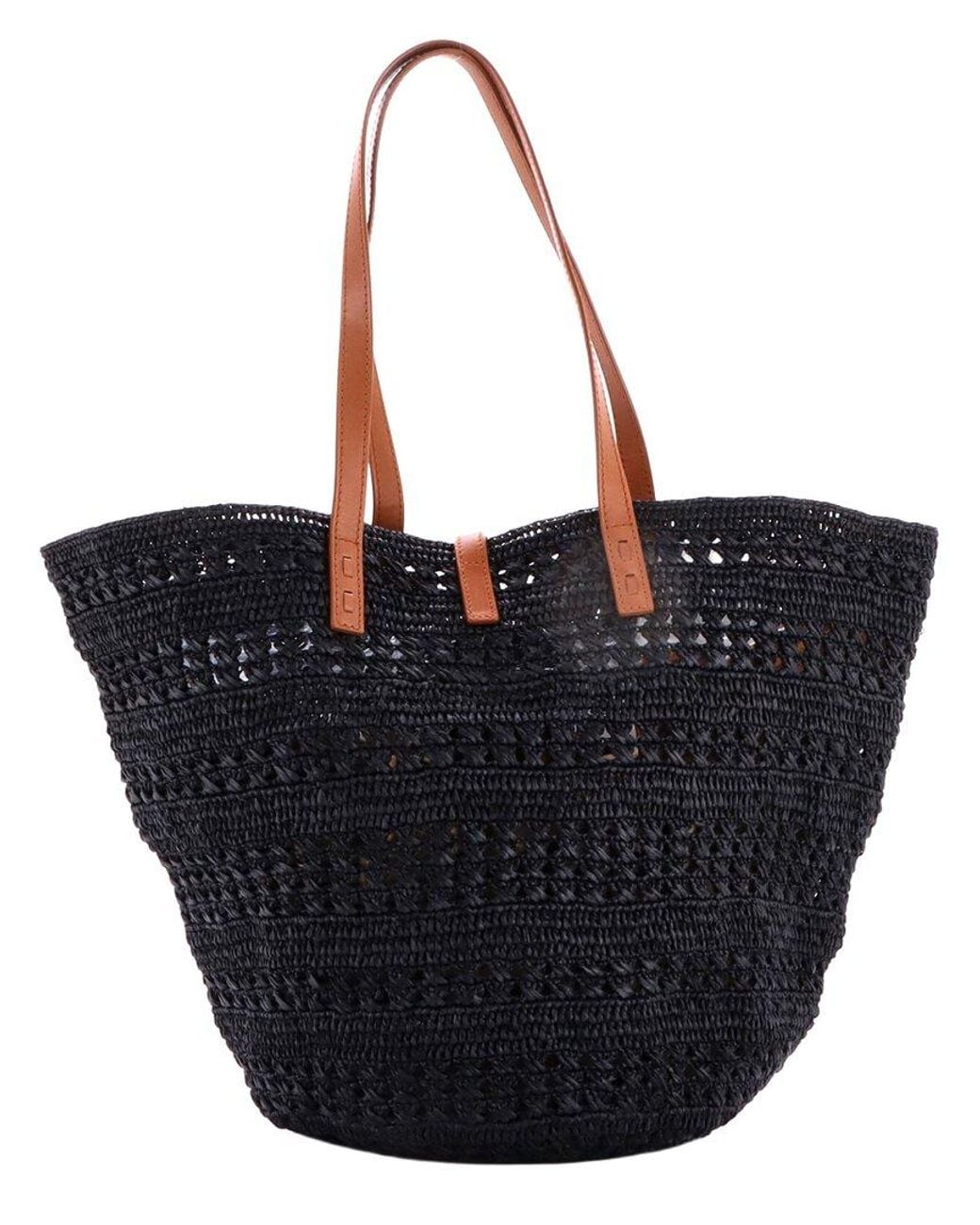 Saint Laurent Black Woven Raffia Monogram Panier Basket Tote Medium (Authentic Pre-Loved)
