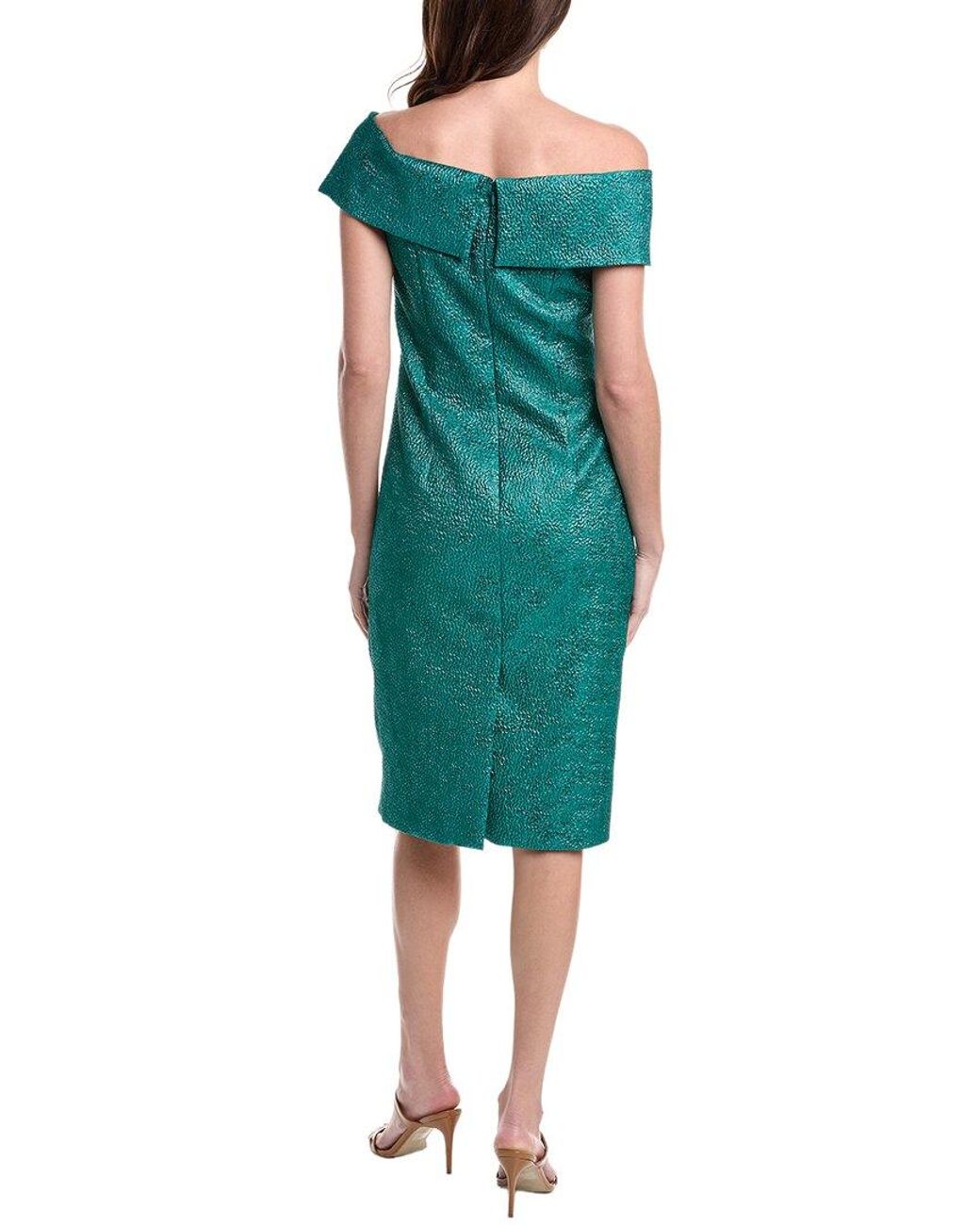 Teri Jon Green Pebble Jacquard Asymmetrical Bow Shoulder Dress