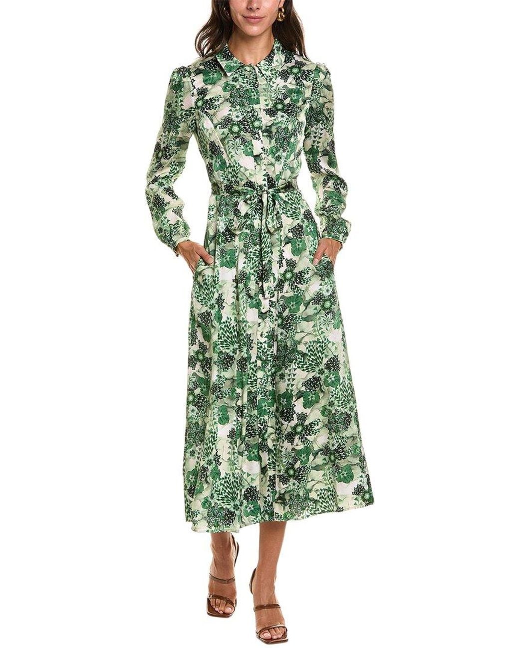 Saloni Green Vanessa Printed Hammered Satin Midi Dress
