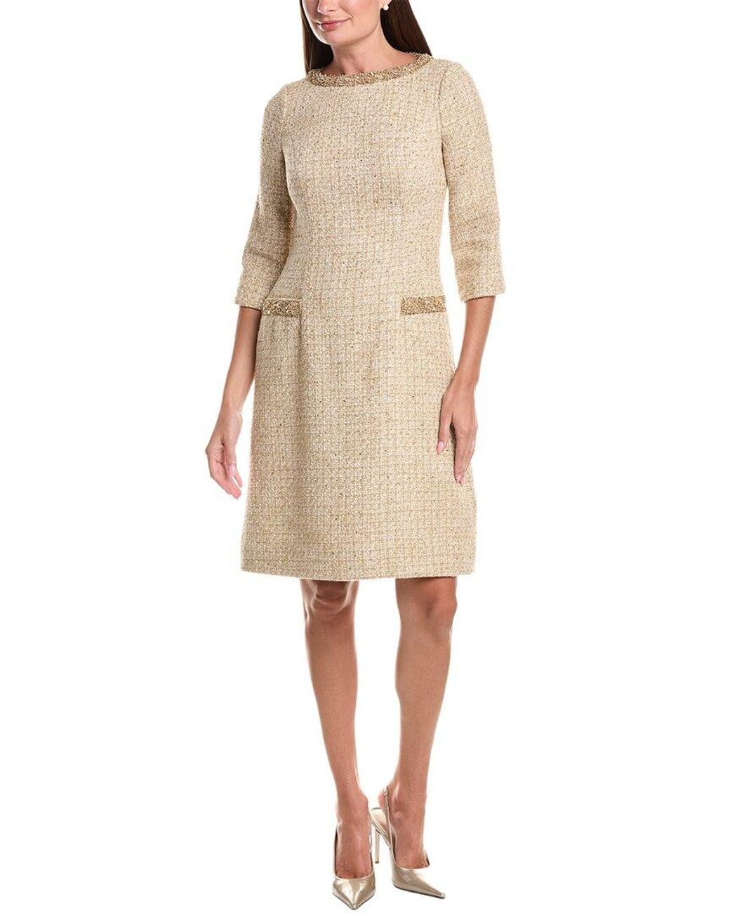 Teri Jon Natural Metallic Boucle Elbow Sleeve Jewel Trim Dress