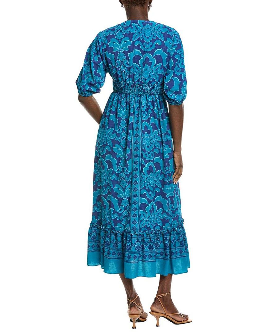 Maison Tara Blue Printed Ghost Crepe Short Sleeve Midi Dress