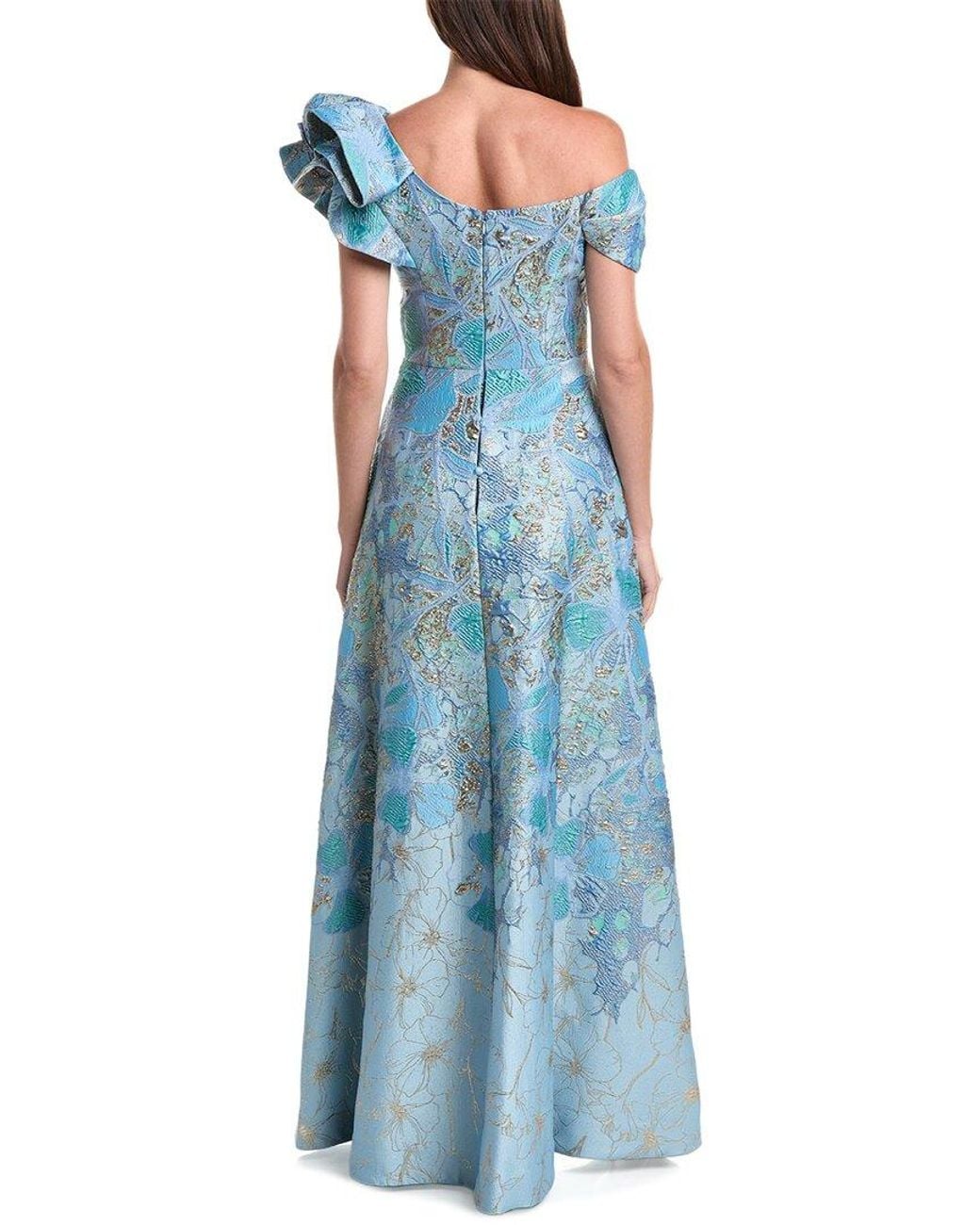 Teri Jon Blue Metallic Jacquard Gown