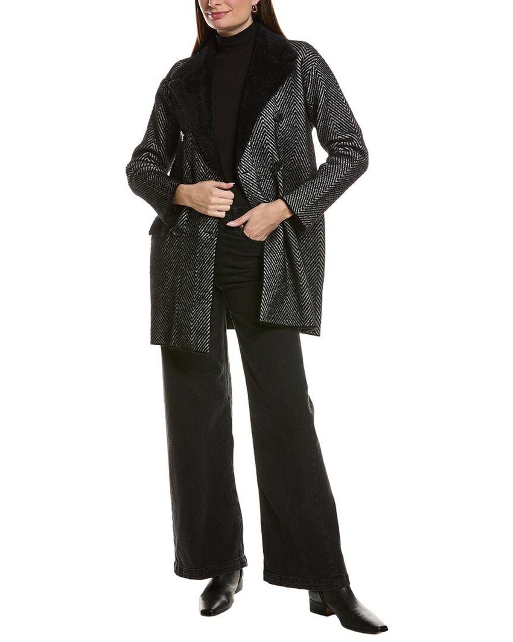 NVLT Black Mid-Length Double Breasted Chevron Blazer Coat