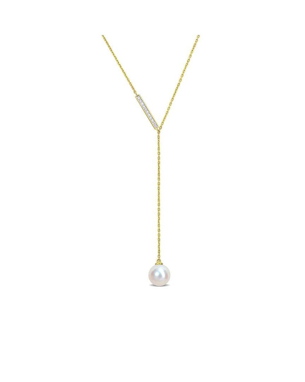 Rina Limor White 10K 0.07 Ct. Tw. Diamond & 8-8.5Mmmm Pearl Lariat Necklace