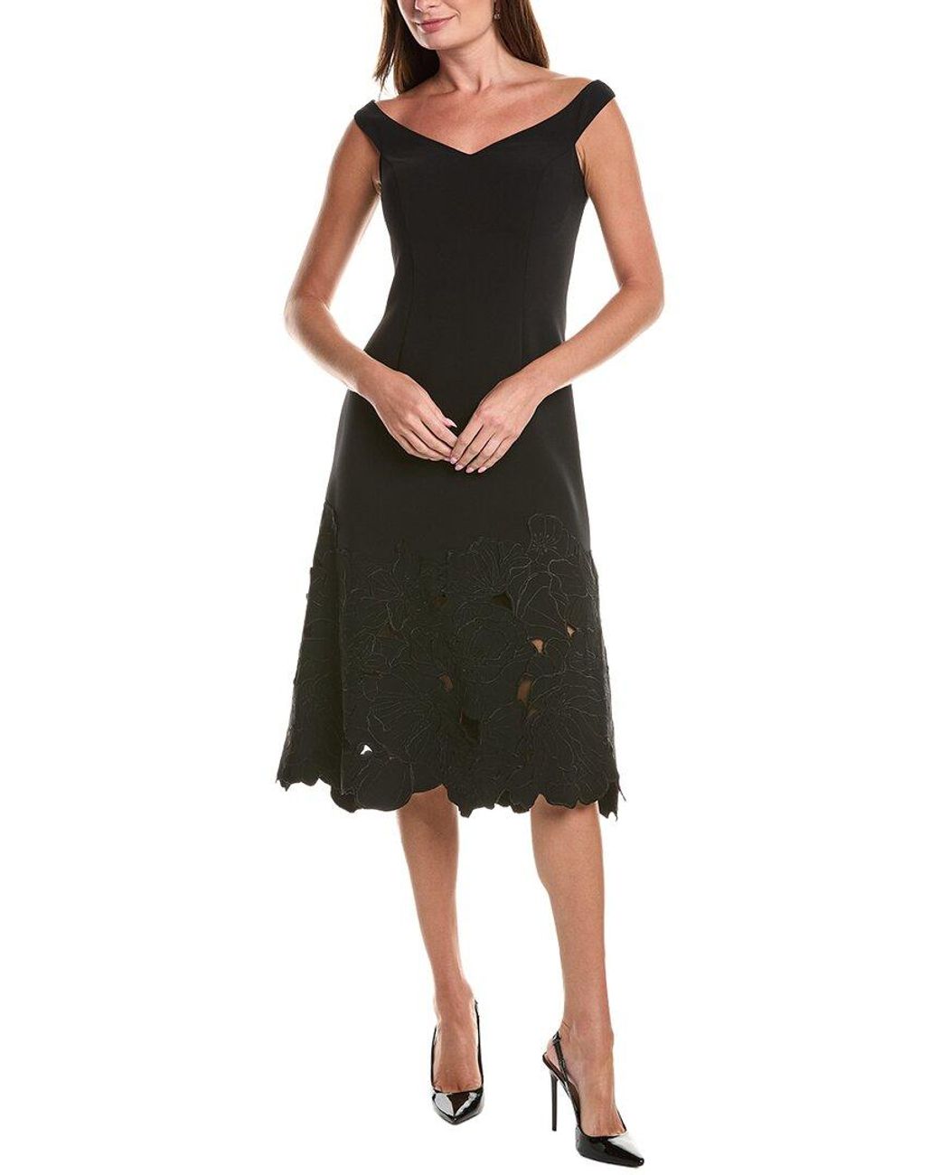 Teri Jon Black Ponte Flower Motif Lazer Cut Trim Midi Dress