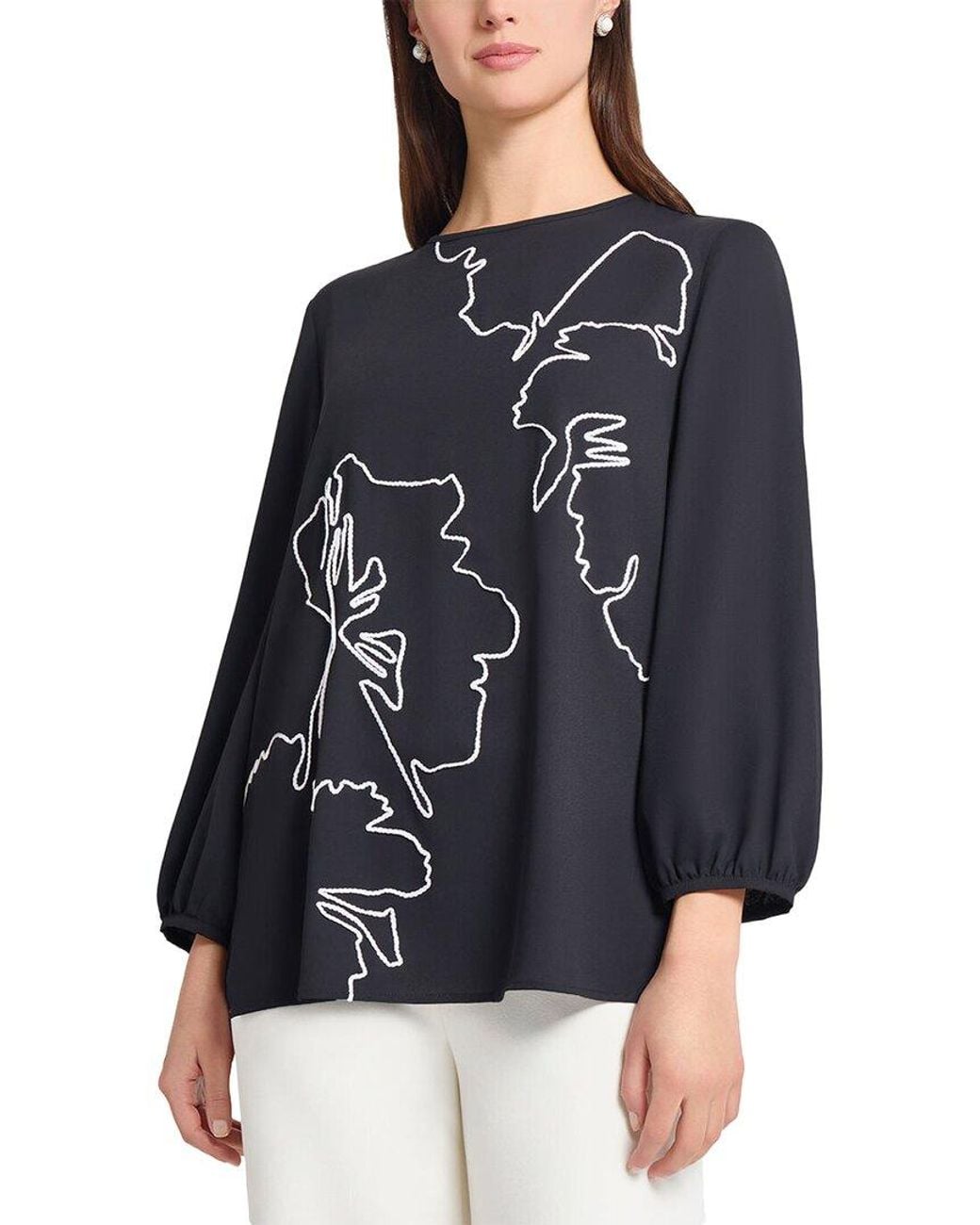 Ming Wang Blue Embroidered Crepe De Chine Blouse