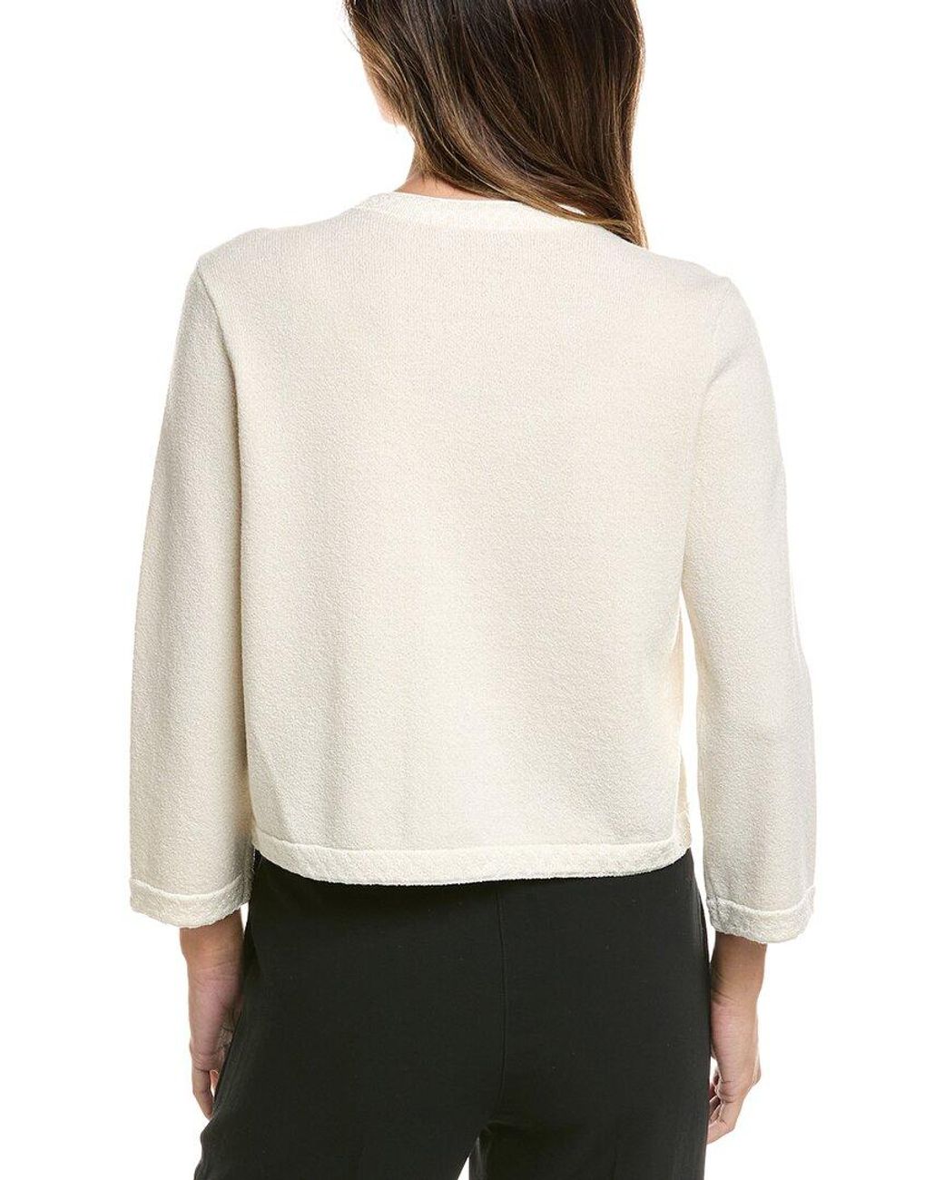 St. John White 3/4-Sleeve Crew Wool-Blend Cardigan