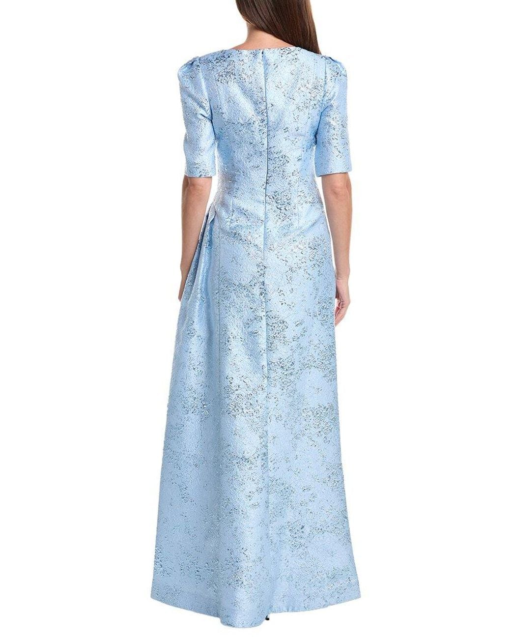 Teri Jon Blue Metallic Jacquard Side Drape Gown
