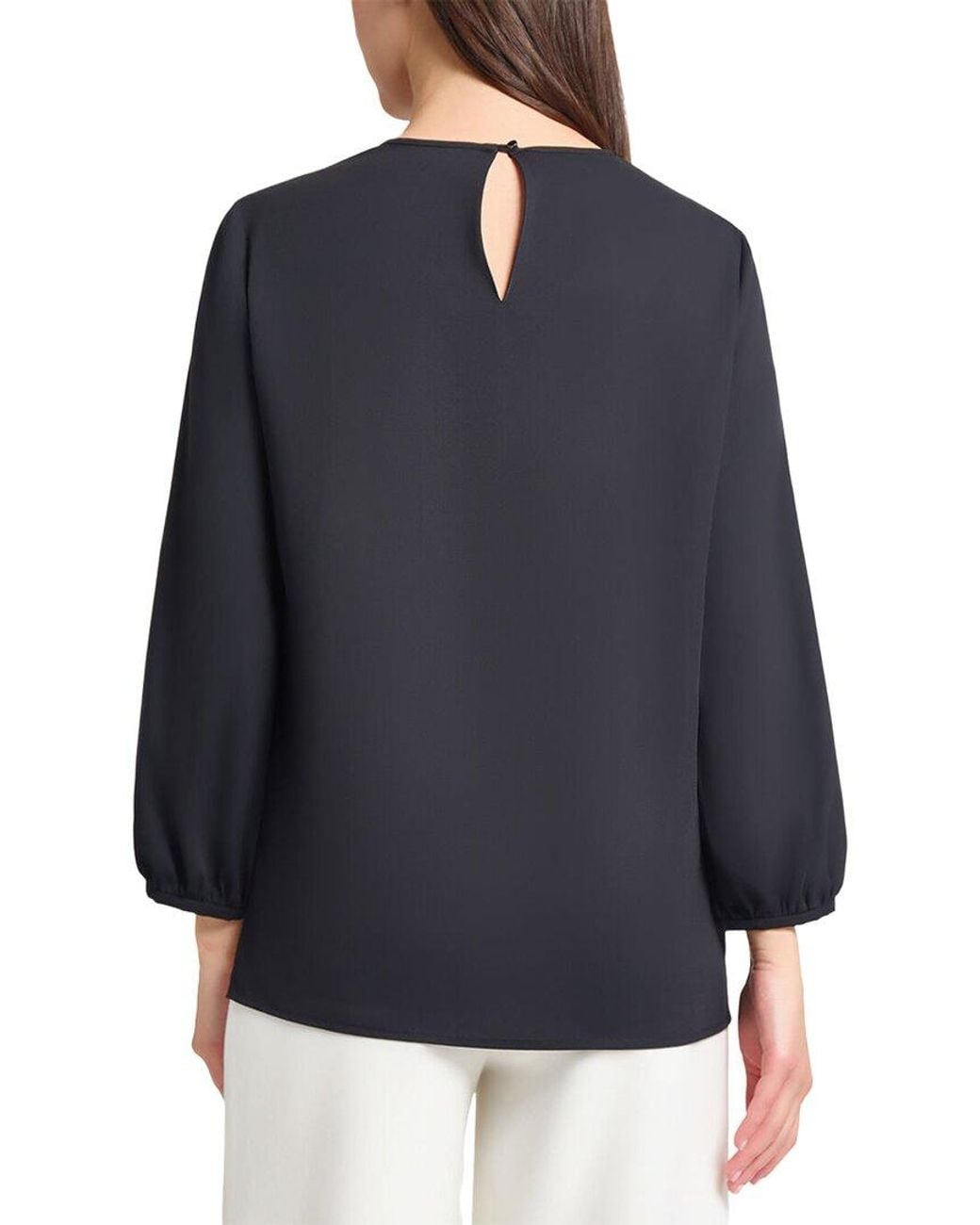 Ming Wang Blue Embroidered Crepe De Chine Blouse