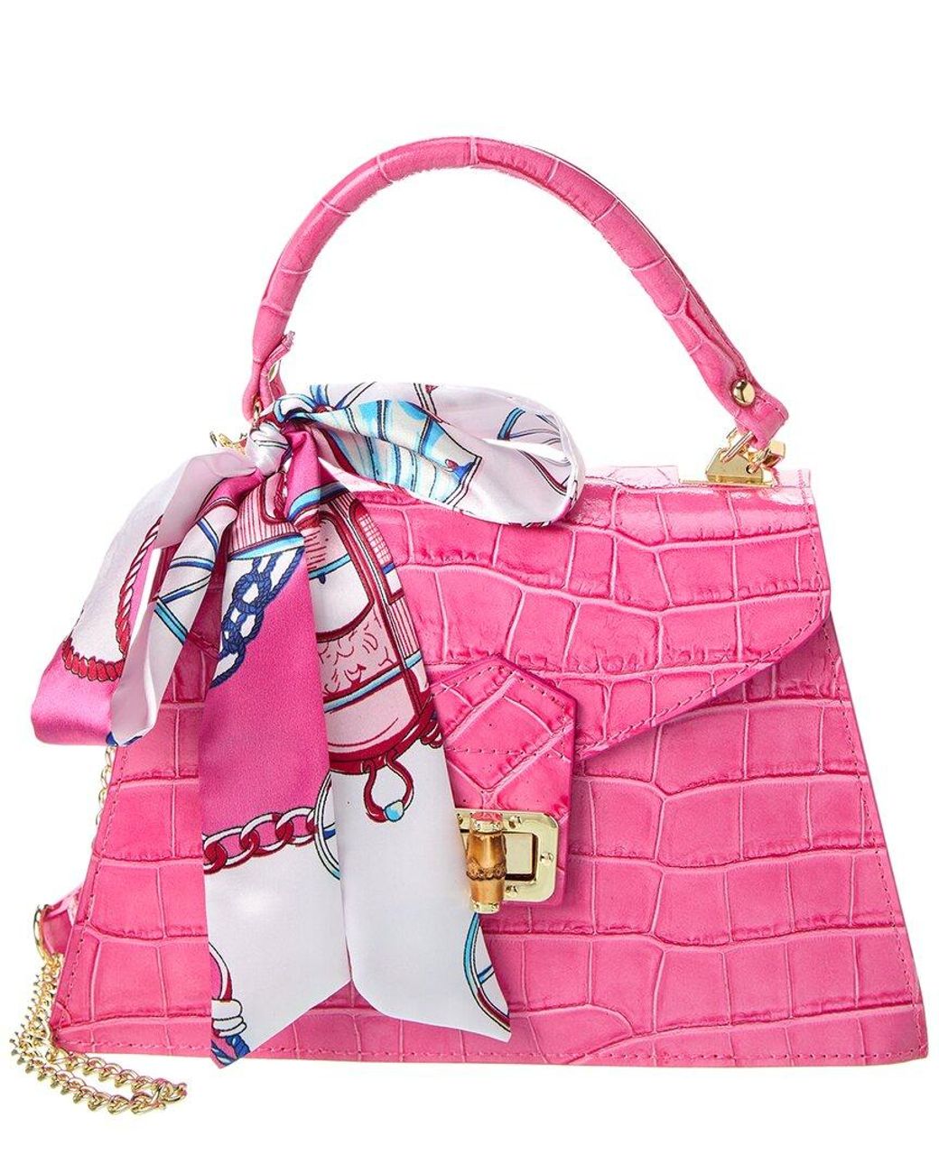 Persaman New York Rita Top Handle Crocembossed Leather Satchel in Pink