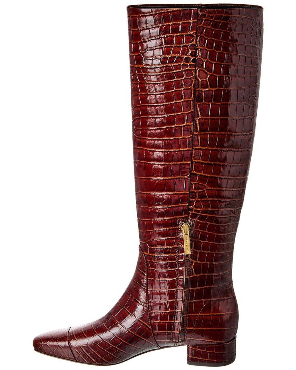 Veronica Beard Red Cecile Wide Calf Croc-Embossed Leather Knee-High Boot