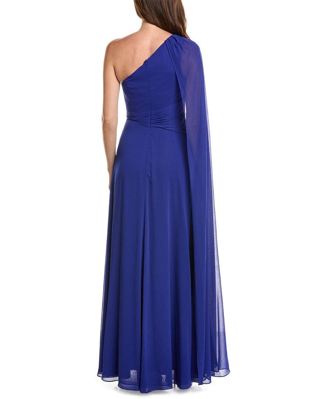 Teri Jon Blue Chiffon One-Shoulder Drape Gown