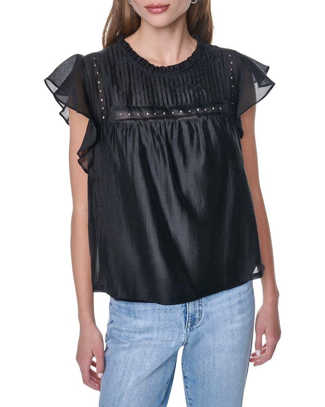 DKNY Black Pleated Studded Top