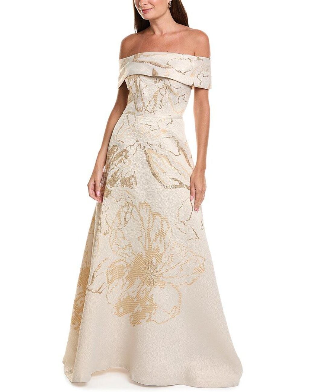 Teri Jon Natural Jacquard Metallic Gown