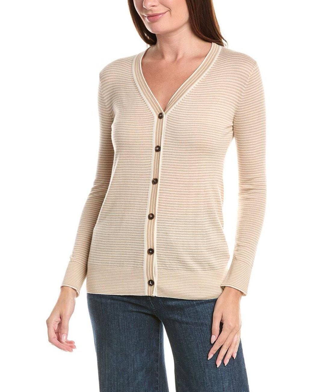 Lafayette 148 New York Natural Stripe Cashmere Cardigan
