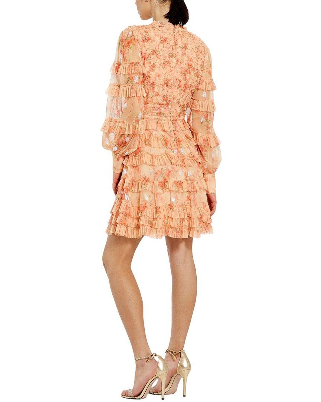 Mac Duggal Orange Floral Mesh Long Sleeve Ruffle Mini Dress