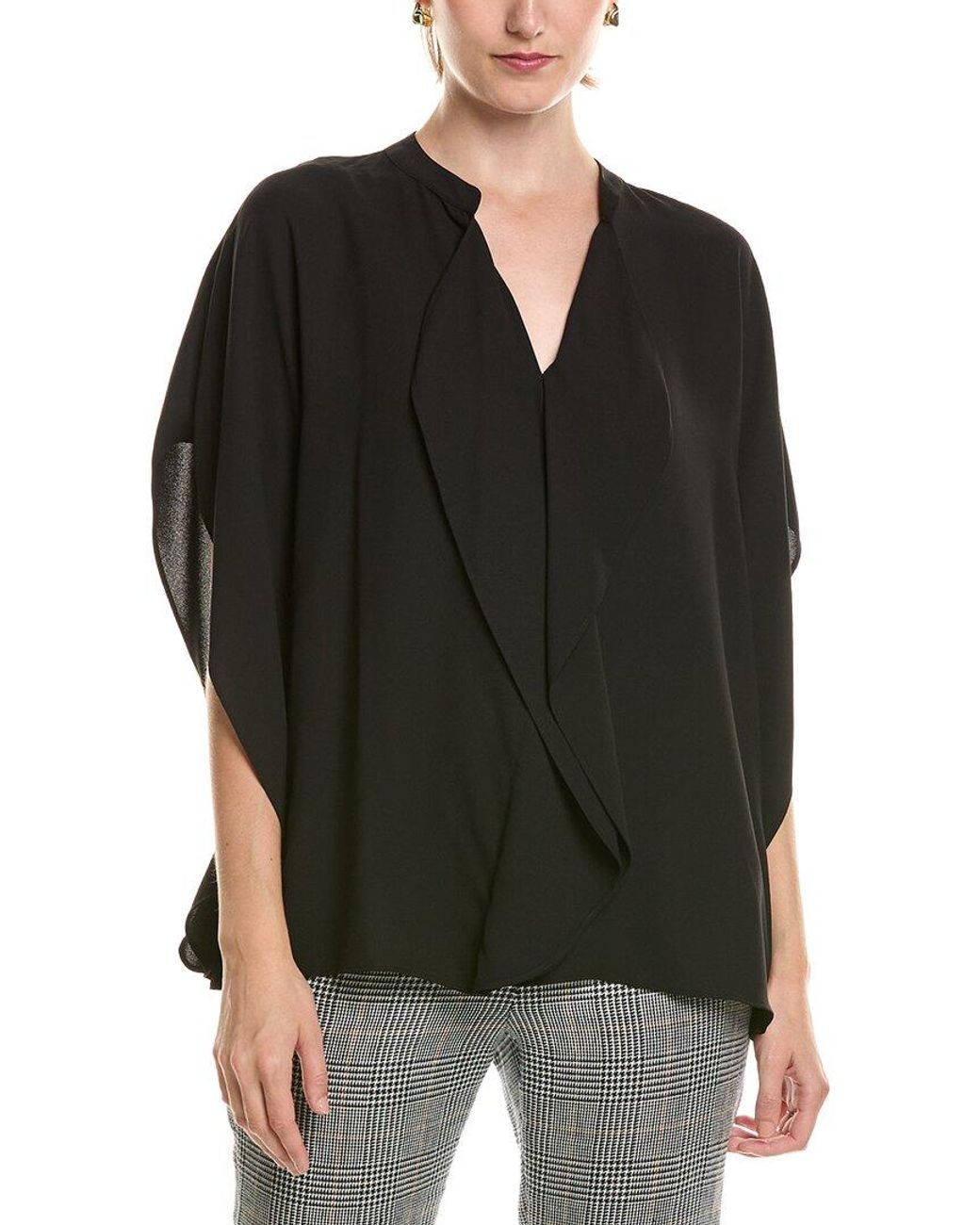 Anne Klein Black Flutter Y-Neck Blouse