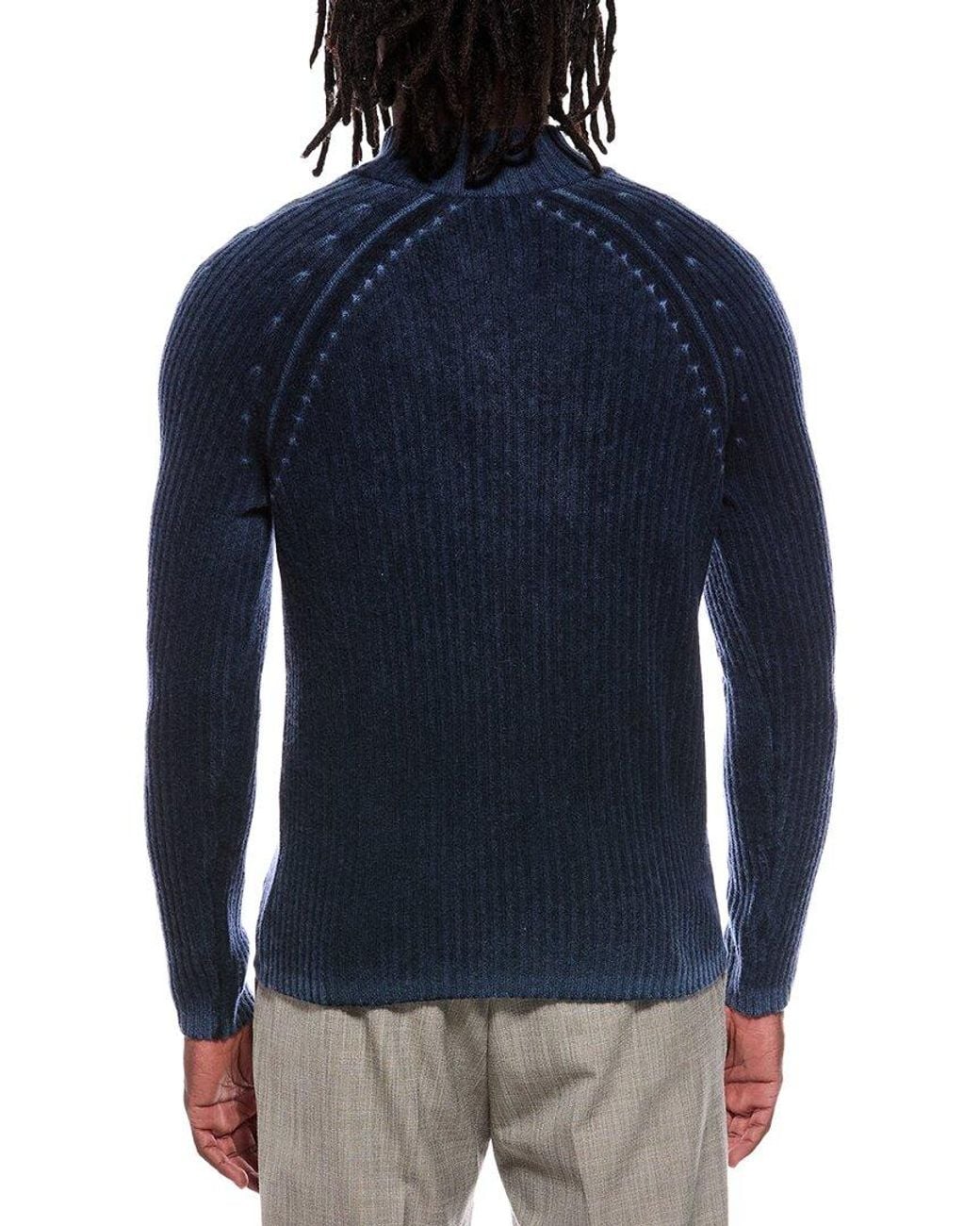 Autumn Cashmere Blue Inked Ribbed Wool & Cashmere-Blend 1/4-Zip Mock Neck Sweater for men