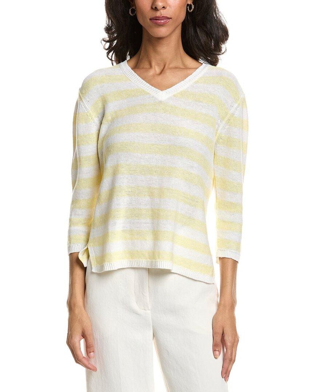 Forte White Beach Stripe V-Neck Linen Sweater