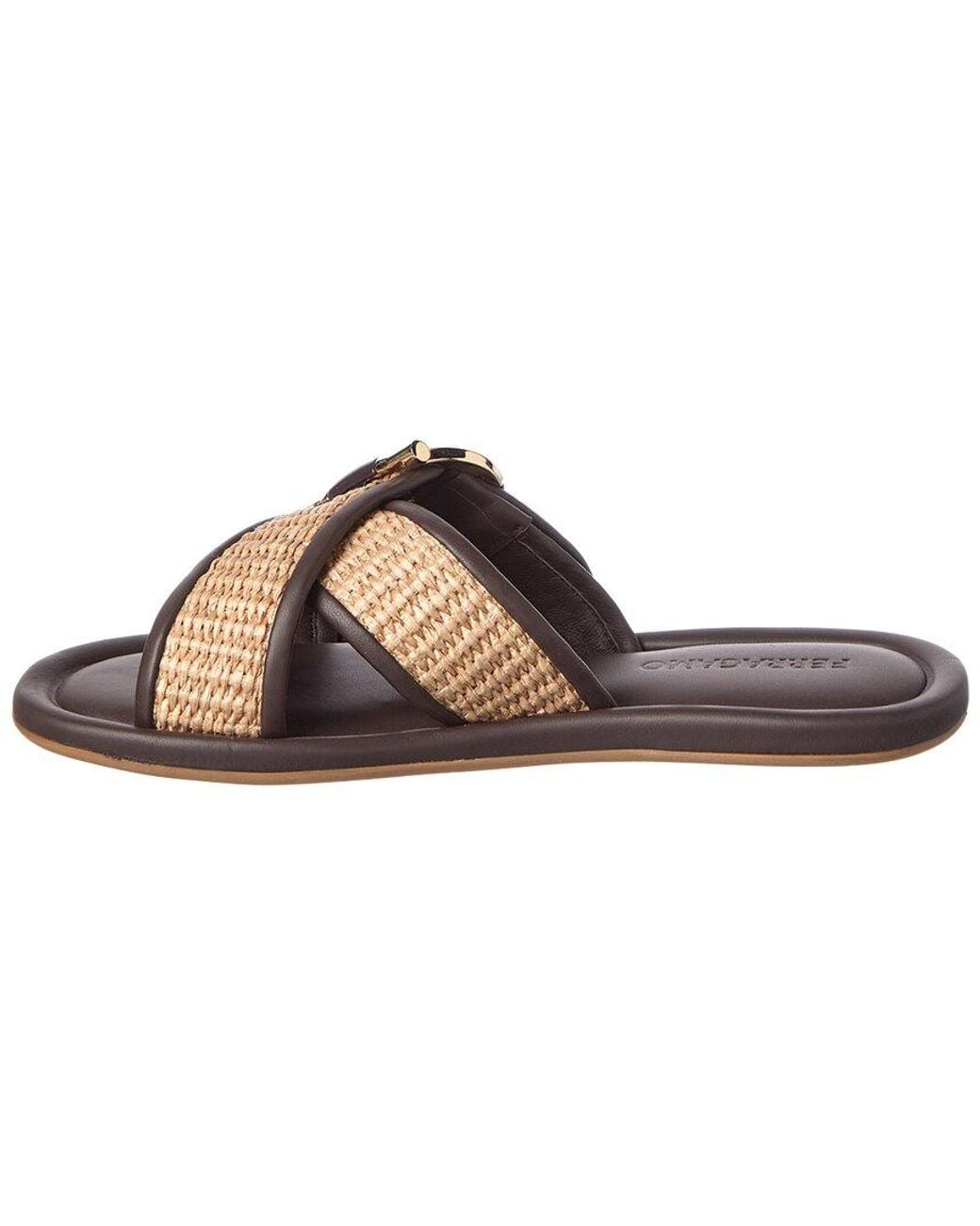 Ferragamo Brown Double Strap Gancini Raffia & Leather Sandal