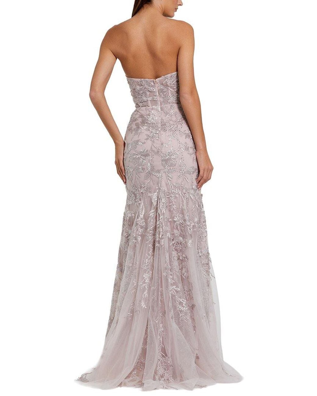 Mac Duggal Purple Strapless Beaded Applique Mermaid Gown With Flower