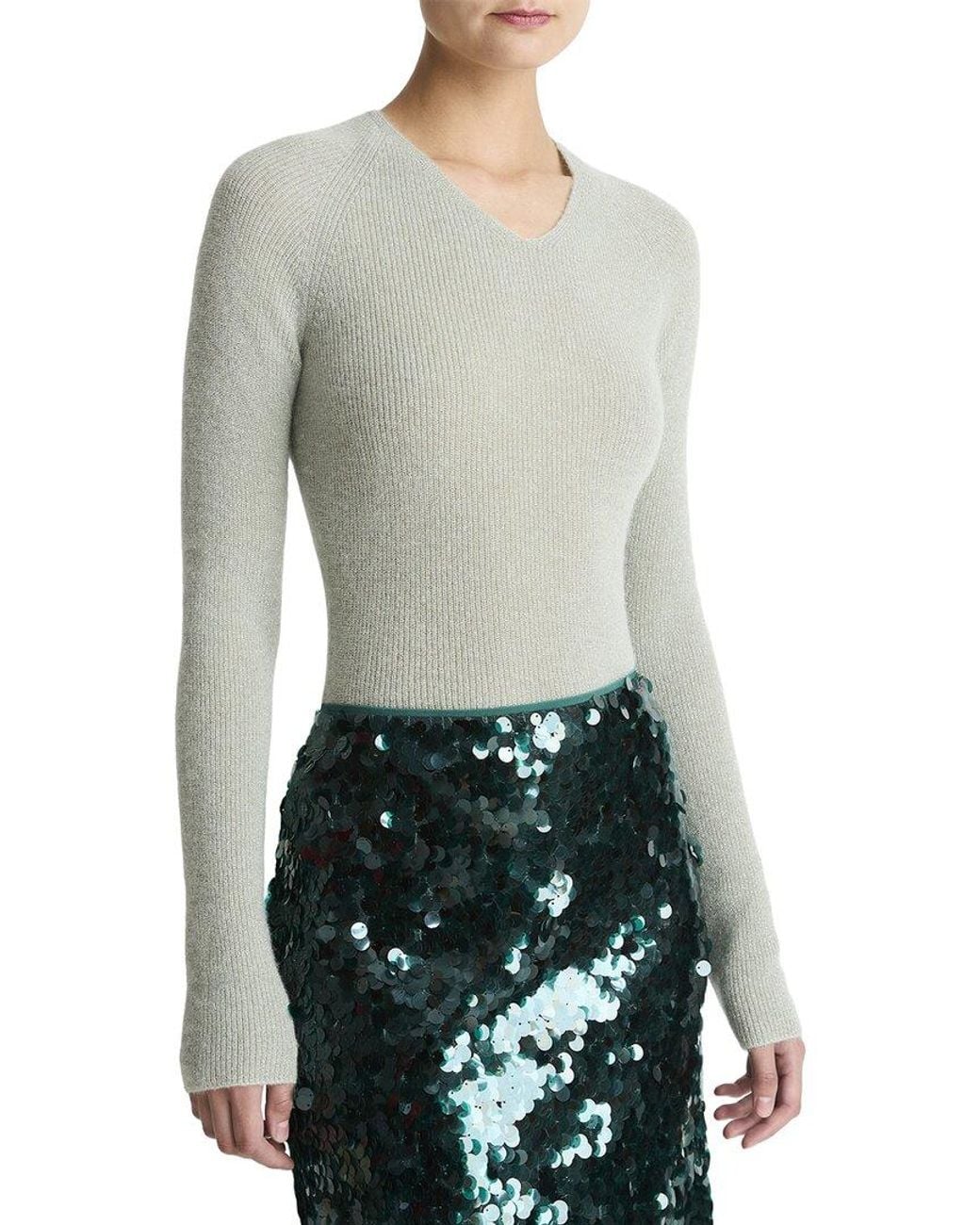 Vince Gray Metallic High V-Neck Alpaca & Wool-Blend Sweater