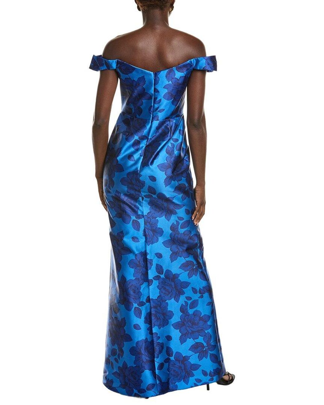Rene Ruiz Blue Off-The-Shoulder Velvet Burnout Gown