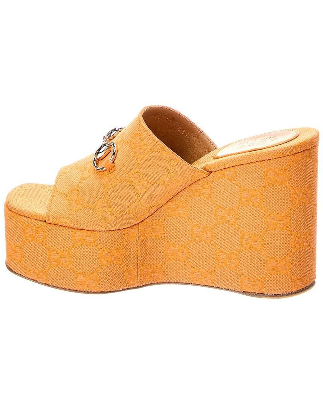 Gucci Orange Horsebit Gg Supreme Canvas & Leather Wedge Sandal