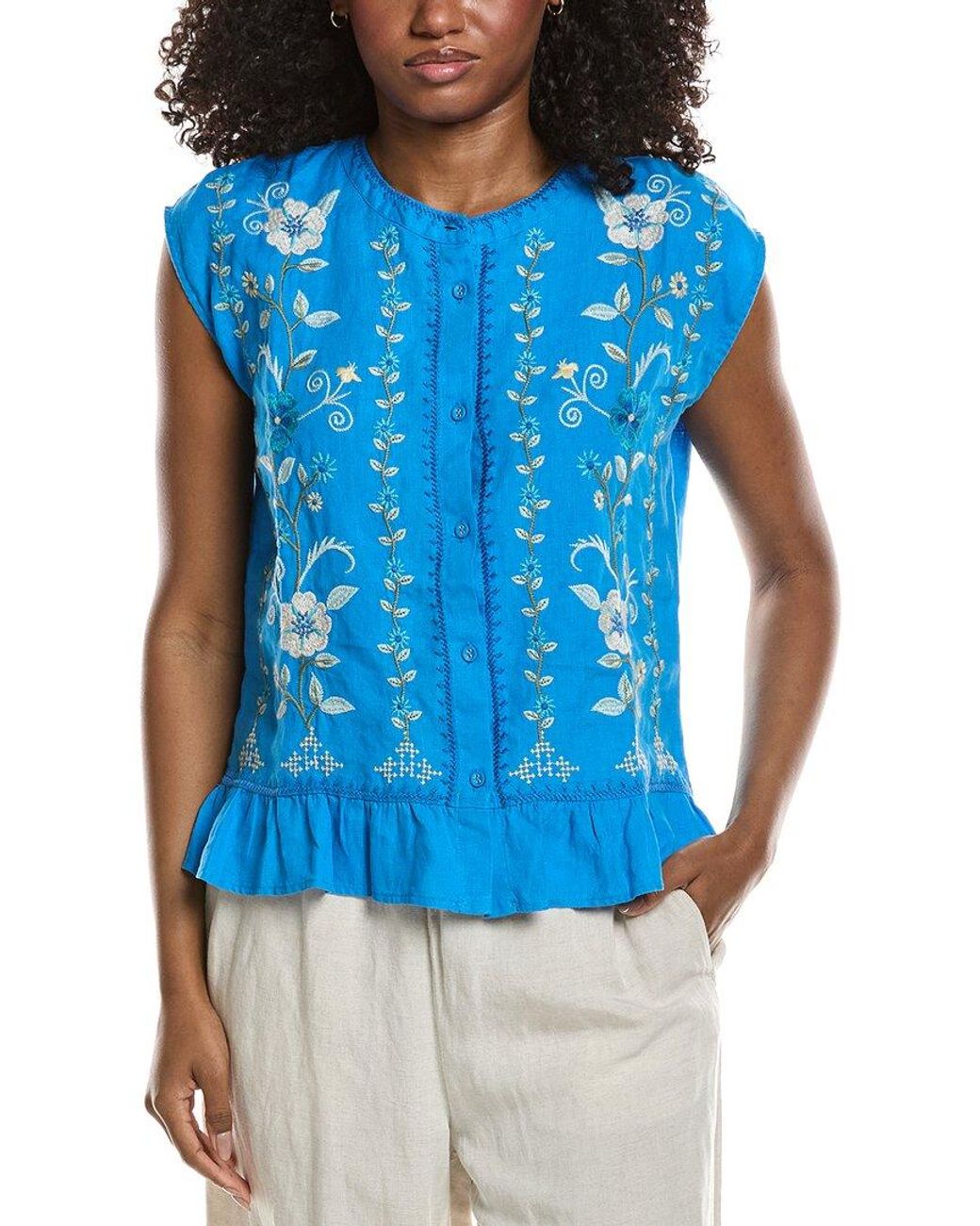 Johnny Was Blue Peplum Cap Sleeve Linen Blouse
