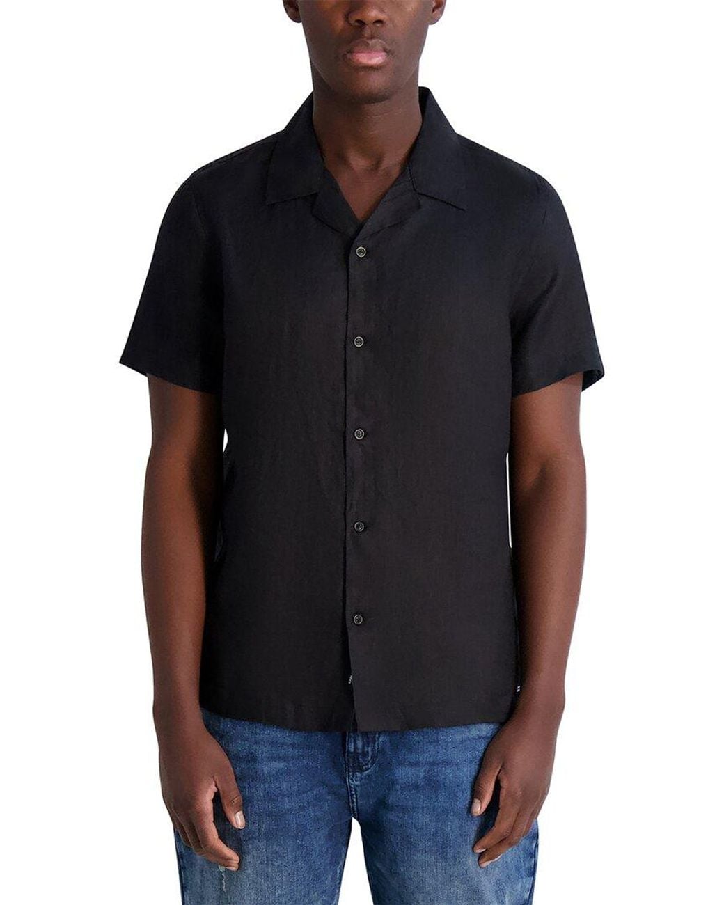 Karl Lagerfeld Black Camp Collar Linen Shirt for men